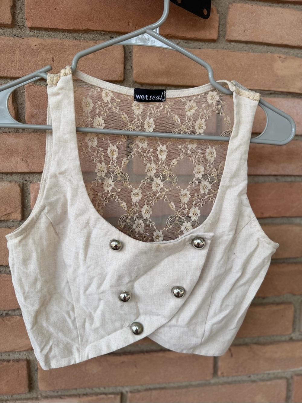 Wet Seal Cream Lace-Back Crop Top with Decorative Silver Buttons